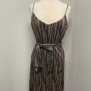 NWOT Anthropologie Womens Metallic Multicolor V-Neck A-Line Midi belted  Dress S